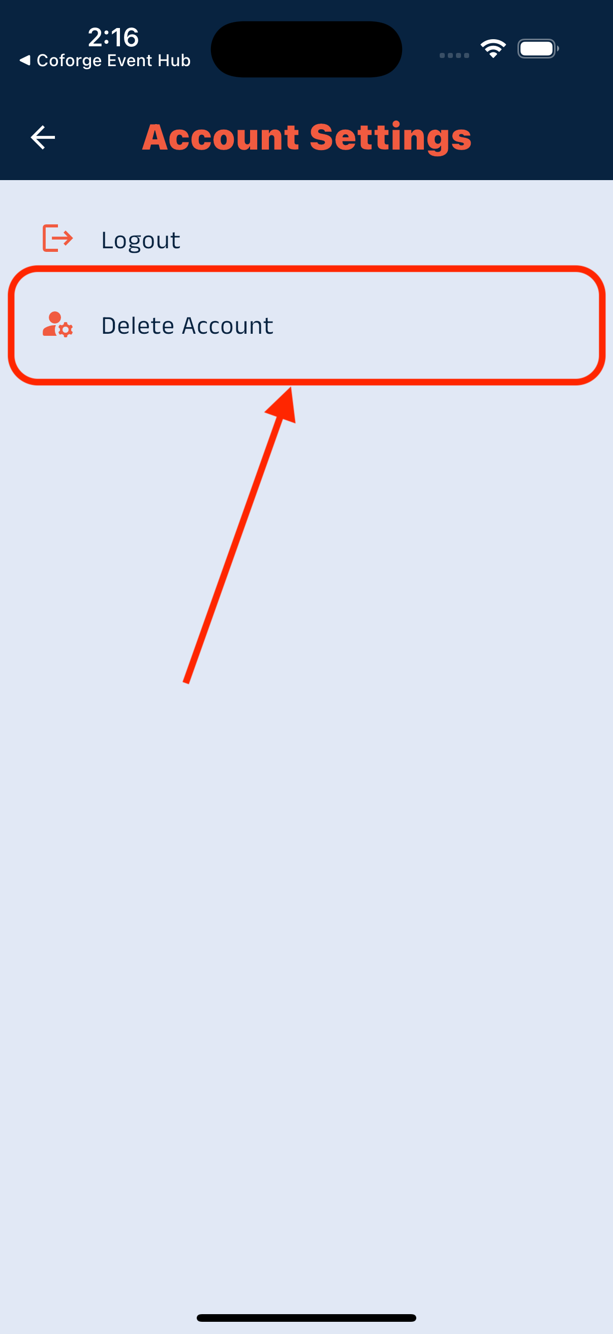Screenshot highlighting the Delete Account button/link